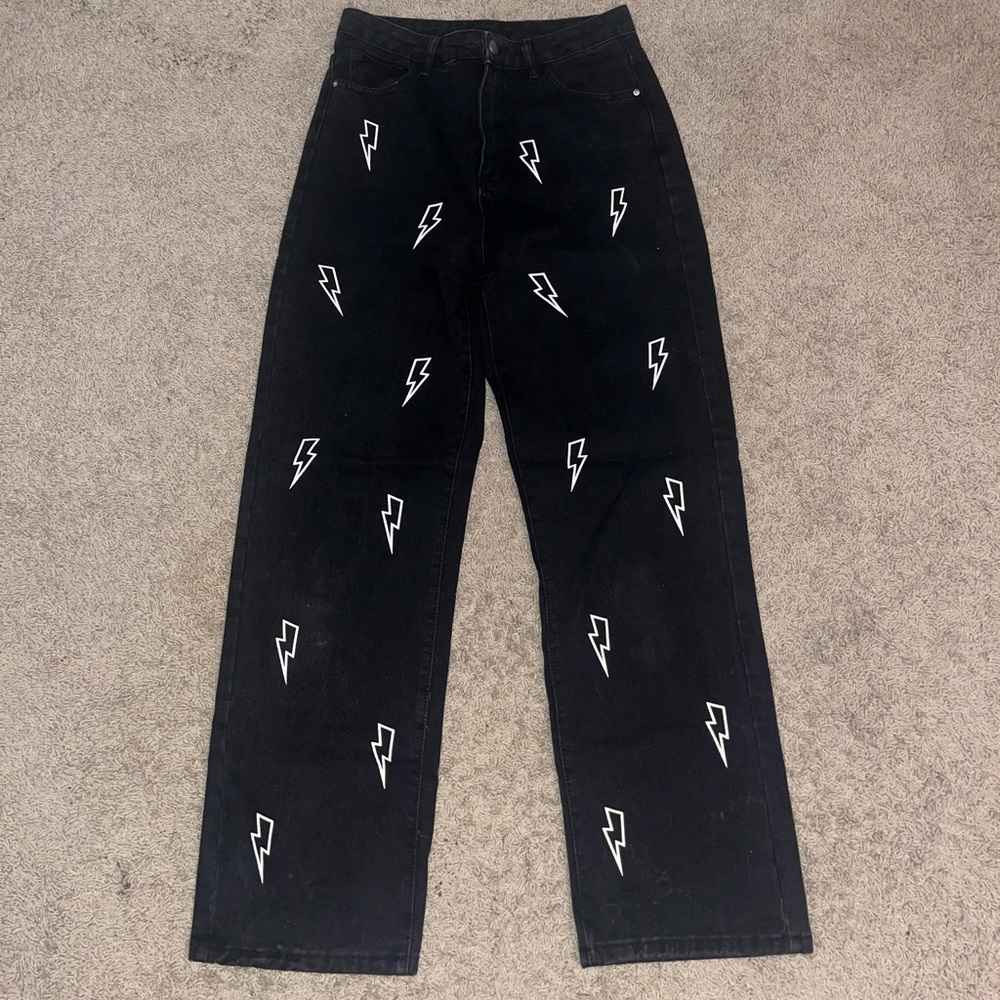 Shein lightening bolt embroidered jeans
